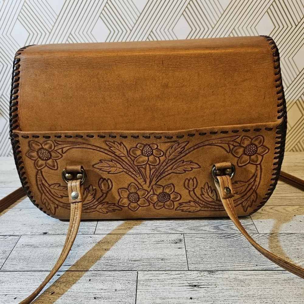 COPY - Vintage Hand Tooled Leather Hard Sided Satchel Bag